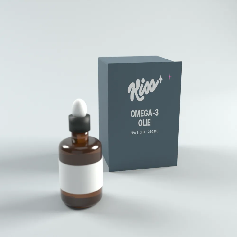 Omega-3 olie fra Kiss, flaske med pipette og æske
